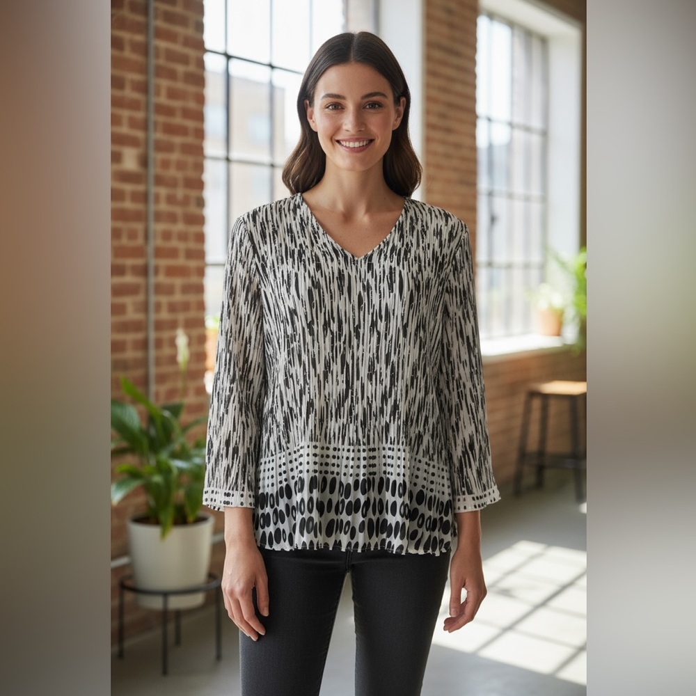 Lauren Michelle Black White Polka Dot Accordion Pleated Blouse Size XL